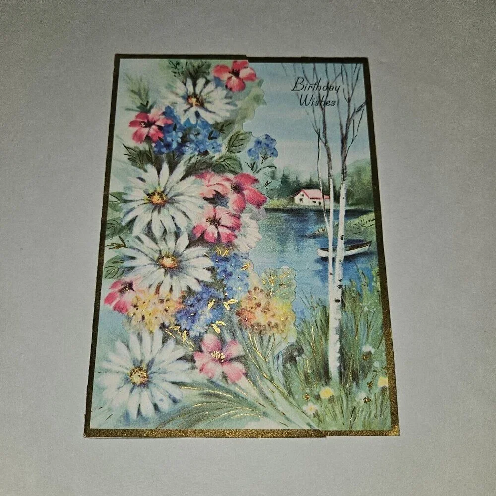 3 VTG Happy Birthday Greeting Cards Lot Floral Lake Birds Puppies NEVER USED